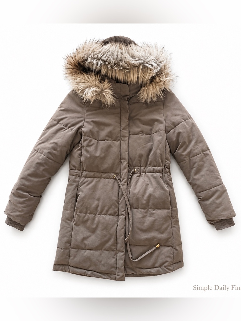 H&M Divided Brown Long Puffer Parka Faux Fur Hood Coat Women’s Size 6